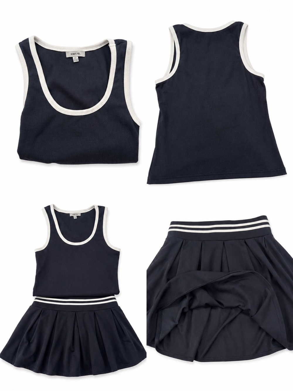 Sleeveless Navy Tennis Skirt Set with White Trim